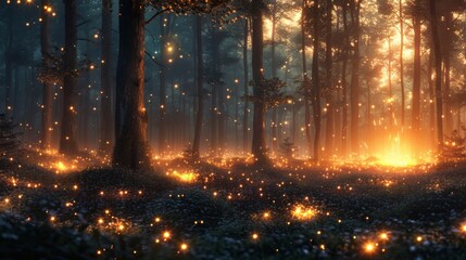 A magical forest clearing at night, lit by thousands of fireflies. Their soft glow illuminates the faces of people gathered around a small, crackling campfire