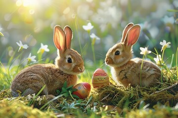 Fototapeta premium Illustration of little bunny with decorated easter eggs on green grass with sunlights