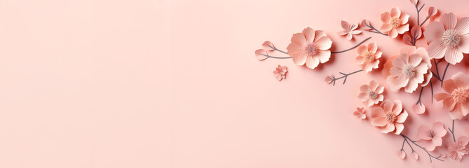 A crafted flowers arranged against a soft pink background, creating a sense of tranquility and beauty. A big banner with copyspace ideal for themes related to spring, beauty, elegance and gift cards