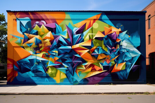 Marvel at the fusion of colors and shapes in a breathtaking street art mural on a city wall. - Powered by Adobe