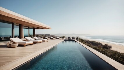 Fototapeta premium Luxurious beachfront residence featuring a private rooftop infinity pool with panoramic views of the Pacific Ocean in Malibu, California