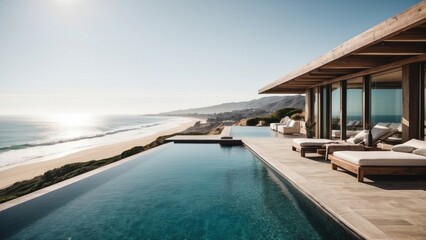 Fototapeta premium Luxurious beachfront residence featuring a private rooftop infinity pool with panoramic views of the Pacific Ocean in Malibu, California