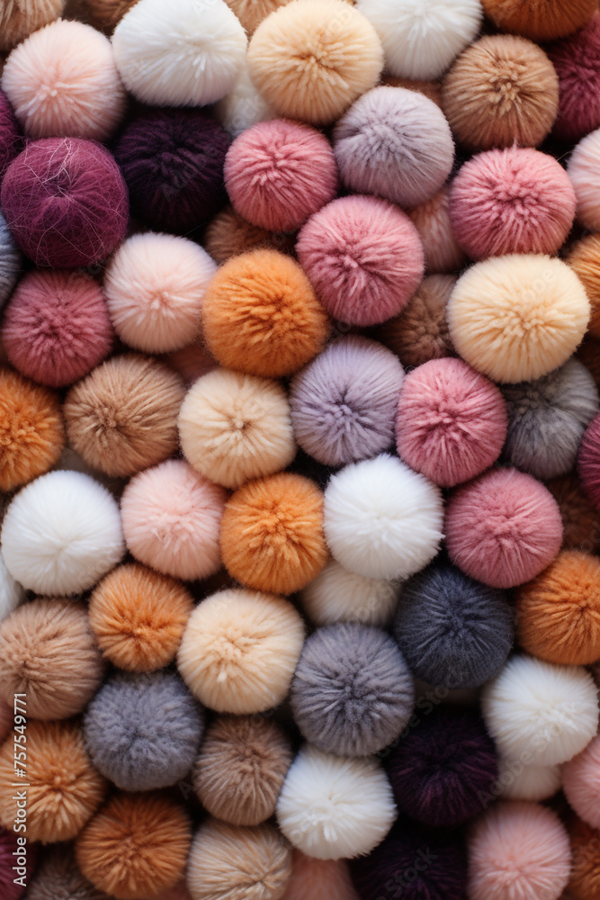 Wall mural Different color wool balls on texture background, closeup view сreated with Generative Ai