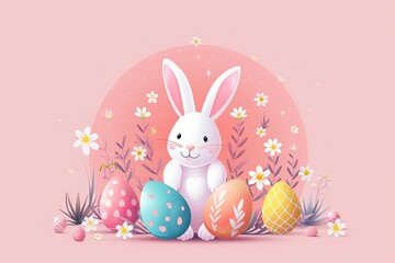 Illustration of easter eggs with rabbit and flowers on pink background