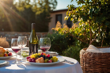 A bright image of a beautifully set table under the sunset rays. Gala dinner on the veranda, wedding, birthday, vacation. Beautiful cafe.