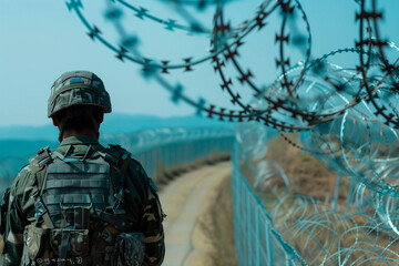 armed guard on border with razor wire fencing in foreground - 757549901