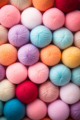 Fototapeta premium Different color wool balls on texture background, closeup view сreated with Generative Ai