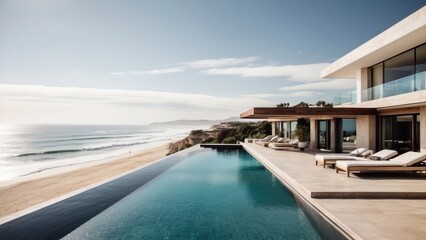 Fototapeta premium Luxurious beachfront residence featuring a private rooftop infinity pool with panoramic views of the Pacific Ocean in Malibu, California