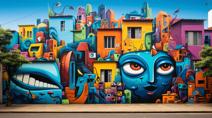 Marvel at the fusion of colors and shapes in a vibrant city wall mural.