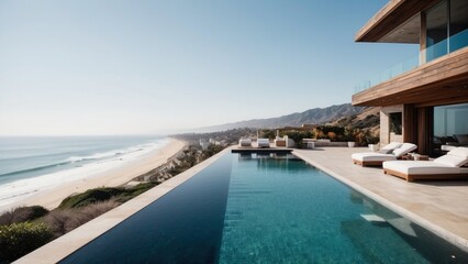 Luxurious beachfront residence featuring a private rooftop infinity pool with panoramic views of the Pacific Ocean in Malibu, California