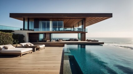 Fototapeta premium Luxurious beachfront residence featuring a private rooftop infinity pool with panoramic views of the Pacific Ocean in Malibu, California