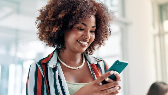 Happy, black woman and typing with phone at office for communication, social media or networking. Face of African female person with smile on mobile smartphone for online chatting, texting or app