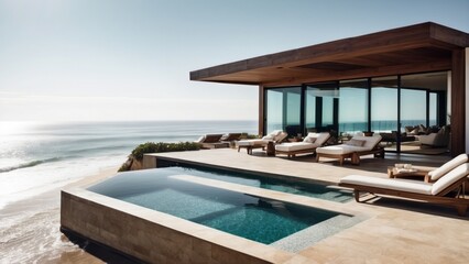 Obraz premium Luxurious beachfront residence featuring a private rooftop infinity pool with panoramic views of the Pacific Ocean in Malibu, California