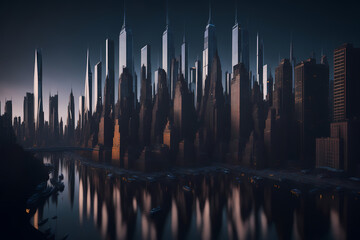 A dark, futuristic cityscape depicting a surreal, dystopian metropolis with towering metal blocks, smog, and destruction. The scene captures a post-apocalyptic world, filled with chaos and conflict