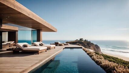Fototapeta premium Luxurious beachfront residence featuring a private rooftop infinity pool with panoramic views of the Pacific Ocean in Malibu, California