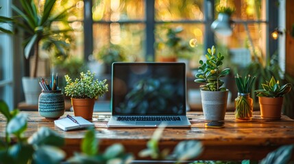 A neatly organized workspace in a bright home office, featuring a modern desk with a laptop, stationary, and potted plants, capturing the essence - Powered by Adobe