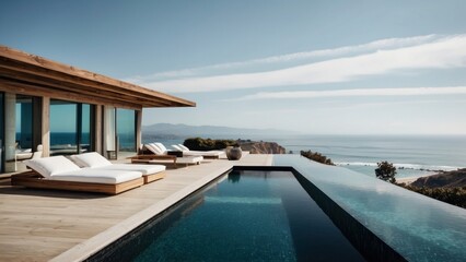 Fototapeta premium Luxurious beachfront residence featuring a private rooftop infinity pool with panoramic views of the Pacific Ocean in Malibu, California