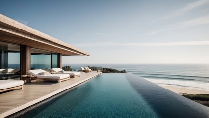 Fototapeta premium Luxurious beachfront residence featuring a private rooftop infinity pool with panoramic views of the Pacific Ocean in Malibu, California