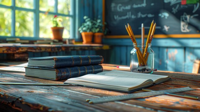A neatly organized school desk with an open textbook, a notebook, a ruler, and a set of freshly sharpened pencils, ready for the first lesson, with a chalkboard in the background