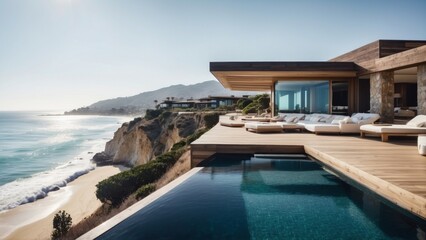Fototapeta premium Luxurious beachfront residence featuring a private rooftop infinity pool with panoramic views of the Pacific Ocean in Malibu, California