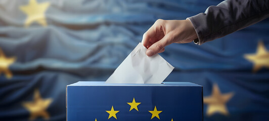 Election in the European Union, Ballot box on EU flag background - obrazy, fototapety, plakaty