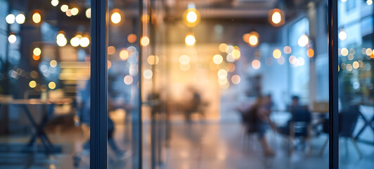 Modern open space office interior or call centre with blurred business people. Modern Business office with blurred people, with blurred bokeh background. - obrazy, fototapety, plakaty