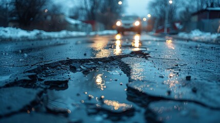 A photograph from the driver perspective showing a car headlights illuminating a severely damaged road surface, with potholes and cracks creating a hazardous driving environment