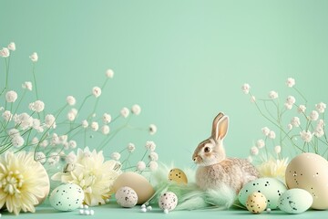 Little bunny with decorated easter eggs and flowers on green background