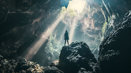 A person exploring a complex cave system, representing exploring opportunities and challenges in business processes