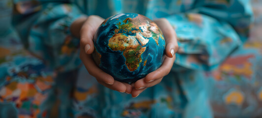 Close up of female hands holding earth globe. Earth day concept. Human hands protect the earth. Earth Day has evolved into the largest civic event on Earth - obrazy, fototapety, plakaty
