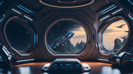 A breathtaking view of space through a spaceship window, showcasing stars, distant galaxies, and the Earth below. The scene highlights the wonder of interstellar travel 