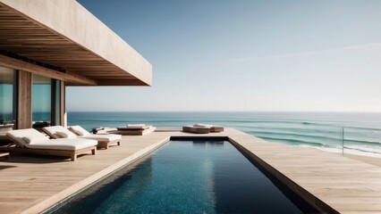Fototapeta premium Luxurious beachfront residence featuring a private rooftop infinity pool with panoramic views of the Pacific Ocean in Malibu, California