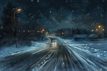 Fototapeta na wymiar Highway snow storm at night