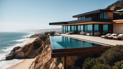 Fototapeta premium Luxurious beachfront residence featuring a private rooftop infinity pool with panoramic views of the Pacific Ocean in Malibu, California