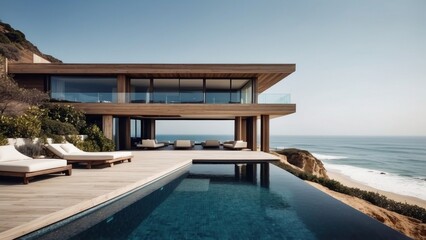 Fototapeta premium Luxurious beachfront residence featuring a private rooftop infinity pool with panoramic views of the Pacific Ocean in Malibu, California