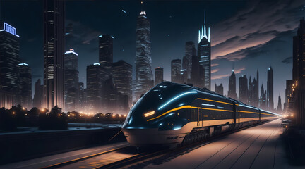 Bullet Train Racing Through Futuristic City at Night – Neon Cyberpunk Aesthetic Created With Generative Ai