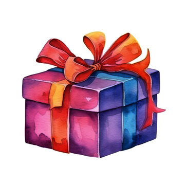 Watercolor Painting of a Blue Gift Box With a Red Bow