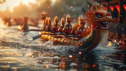 A scene depicting the traditional Dragon Boat Festival, with a team of rowers in a dragon boat, racing with intense focus and coordination, against a backdrop of a cheering crowd  - obrazy, fototapety, plakaty
