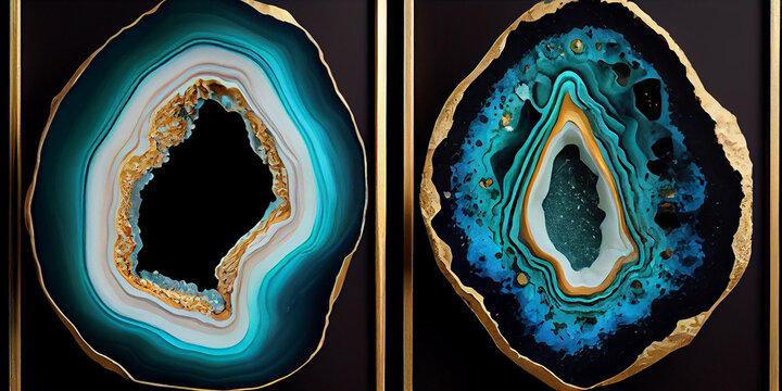 3d wallpaper for wall framing. resin geodes and abstract art and functional art like watercolour geodes painting. Golden, turquoise and black marble background.