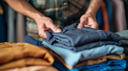 A person folding clothes, representing how to streamline tasks in business - obrazy, fototapety, plakaty