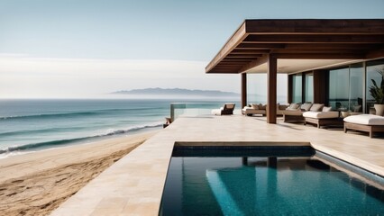 Fototapeta premium Luxurious beachfront residence featuring a private rooftop infinity pool with panoramic views of the Pacific Ocean in Malibu, California