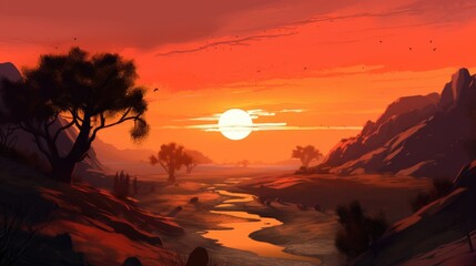 Beautiful orange sunset. Nature in the evening. AI generative.
