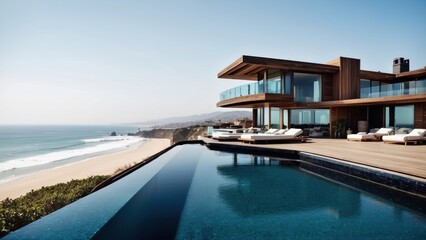 Fototapeta premium Luxurious beachfront residence featuring a private rooftop infinity pool with panoramic views of the Pacific Ocean in Malibu, California