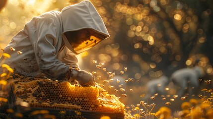 A serene morning in the countryside, with a beekeeper in a white suit gently collecting honey from a vibrant beehive. The sunlight filters through the trees, highlighting the golden hues