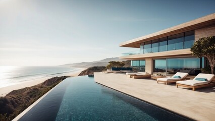 Fototapeta premium Luxurious beachfront residence featuring a private rooftop infinity pool with panoramic views of the Pacific Ocean in Malibu, California