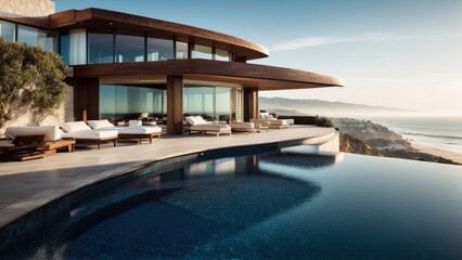 Fototapeta premium Luxurious beachfront residence featuring a private rooftop infinity pool with panoramic views of the Pacific Ocean in Malibu, California