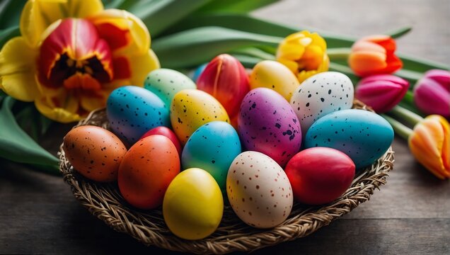 colored and decorated eggs, with tulips, easter image