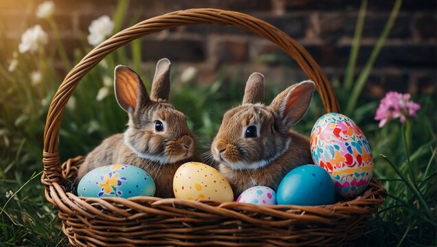 two bunnies in wicker basket, easter image