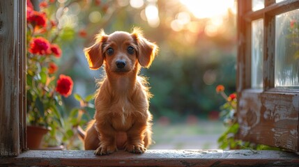 A small dachshund puppy perched at the threshold of an open door, peering out into the garden with curiosity and impatience, its tiny tail wagging rapidly in anticipation of playtime outside  - obrazy, fototapety, plakaty