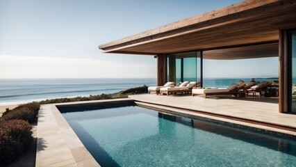 Obraz premium Luxurious beachfront residence featuring a private rooftop infinity pool with panoramic views of the Pacific Ocean in Malibu, California